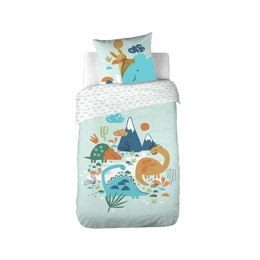 Conjunto de cama em algodão reversível estampado dinossauros, 140cm, Dino, Verde de água, 140x0.5x200 cm