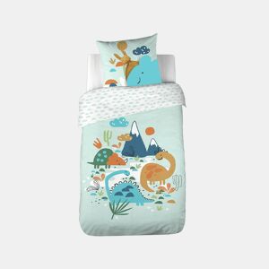 Conjunto de cama em algodão reversível estampado dinossauros, 140cm, Dino, Verde de água, 140x0.5x200 cm