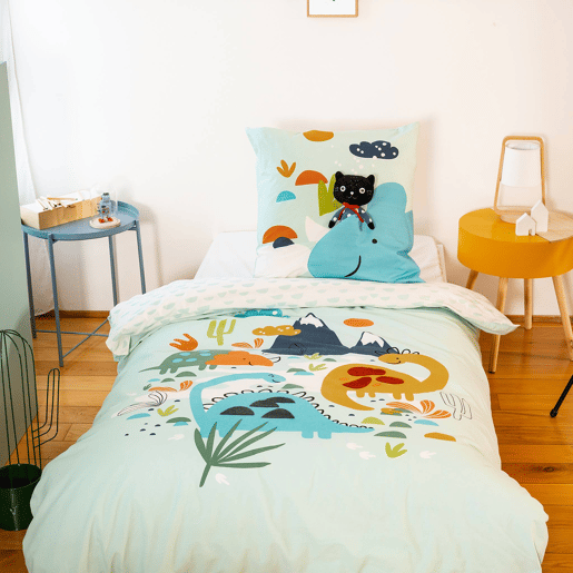 Conjunto de cama em algodão reversível estampado dinossauros, 140cm, Dino, Verde de água, 140x0.5x200 cm