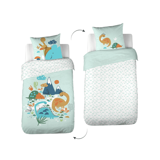 Conjunto de cama em algodão reversível estampado dinossauros, 140cm, Dino, Verde de água, 140x0.5x200 cm