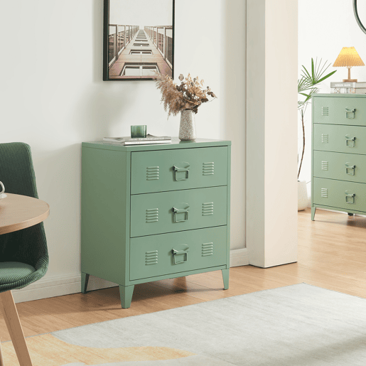Armário metálico Hämeenlinna com 3 gavetas aço 60x40x72 cm Verde mate en.casa