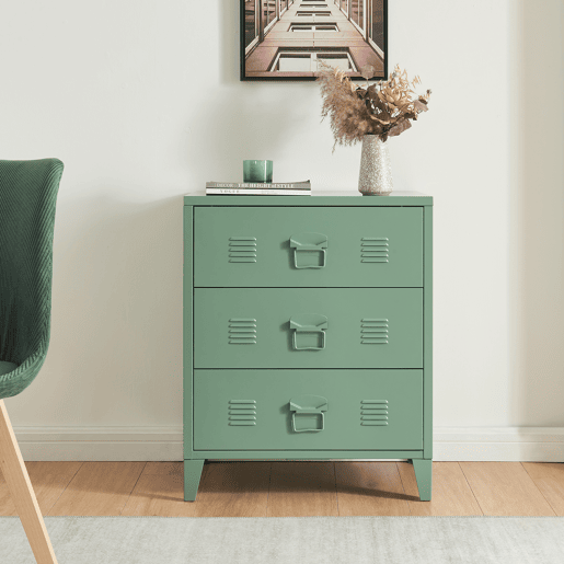 Armário metálico Hämeenlinna com 3 gavetas aço 60x40x72 cm Verde mate en.casa