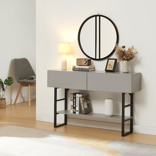 Mesa de consola Varberg com 2 gavetas 75x120x30 cm Cinzento claro en.casa