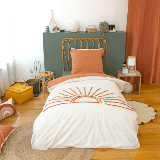 Conjunto de cama reversível de algodão estampado sol brancoterracota 1 praça, Solino, Terracota, 140x0.5x200 cm