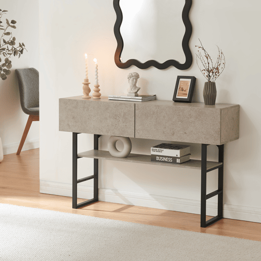 Mesa de consola Varberg com 2 gavetas 75x120x30 cm Aspeto betão claro en.casa