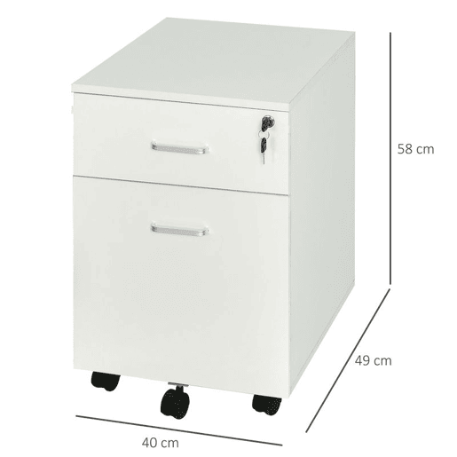 Vinsetto Arquivador com Rodas Móvel para Arquivos para Escritório com 2 Gavetas 5 Rodas e 2 Travões para Escritório Secretaria Casa 40x49x58 cm Branco