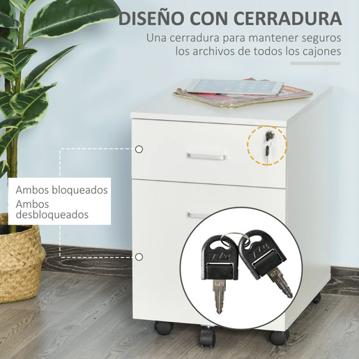 Vinsetto Arquivador com Rodas Móvel para Arquivos para Escritório com 2 Gavetas 5 Rodas e 2 Travões para Escritório Secretaria Casa 40x49x58 cm Branco