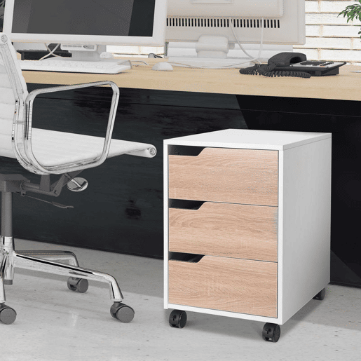 HOMCOM Bloco de Gavetas para Escritório Móvel de Escritório Bloco de Gavetas com 3 Gavetas e 4 Rodas 40x50x57,5 cm Madeira e Branco
