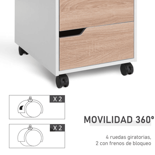 HOMCOM Bloco de Gavetas para Escritório Móvel de Escritório Bloco de Gavetas com 3 Gavetas e 4 Rodas 40x50x57,5 cm Madeira e Branco
