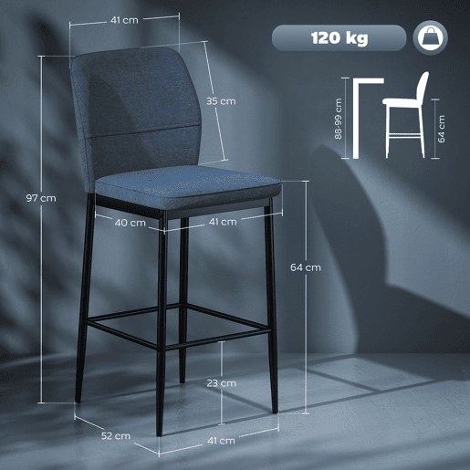 HOMCOM Conjunto de 2 Bancos de Bar Bancos Altos de Cozinha com Encosto e Apoio para os Pés Estofados em Veludo Estrutura de Aço Bancos Altos Modernos para Sala de Jantar Balcão 41x52x97 cm Azul