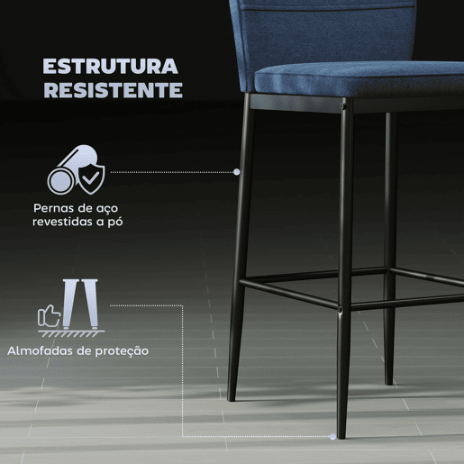 HOMCOM Conjunto de 2 Bancos de Bar Bancos Altos de Cozinha com Encosto e Apoio para os Pés Estofados em Veludo Estrutura de Aço Bancos Altos Modernos para Sala de Jantar Balcão 41x52x97 cm Azul