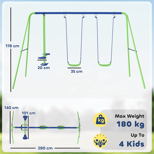 Outsunny Conjunto de Baloiços de Jardim de Metal com Altura Ajustável Baloiços para Crianças acima de 3 Anos com Baloiço Duplo Baloiço para Pátio Exterior 280x140x178 cm Verde Outsunny Conjunto de Baloiços de Jardim de Metal com Altura Ajustável Baloiços para Crianças acima de 3 Anos com Baloiço Duplo Baloiço para Pátio Exterior 280x140x178 cm Verde