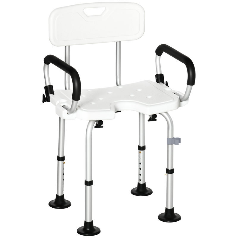 Homcom silla ducha personas mayores silla para ducha taburete de ducha antideslizante con respaldo altura ajustable asiento en u y apoyabrazos abatible carga 136 kg