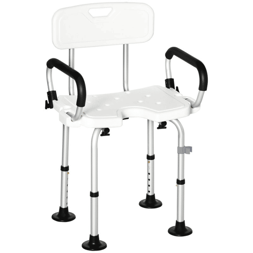 HOMCOM Cadeira para Duche de Liga de Alumínio Cadeira de Duche Antiderrapante com Altura Ajustável de 6 Níveis e Apoio para os Braços Regulável para Idosos 54x52x70-82cm Branco