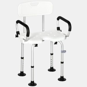 HOMCOM Cadeira para Duche de Liga de Alumínio Cadeira de Duche Antiderrapante com Altura Ajustável de 6 Níveis e Apoio para os Braços Regulável para Idosos 54x52x70-82cm Branco