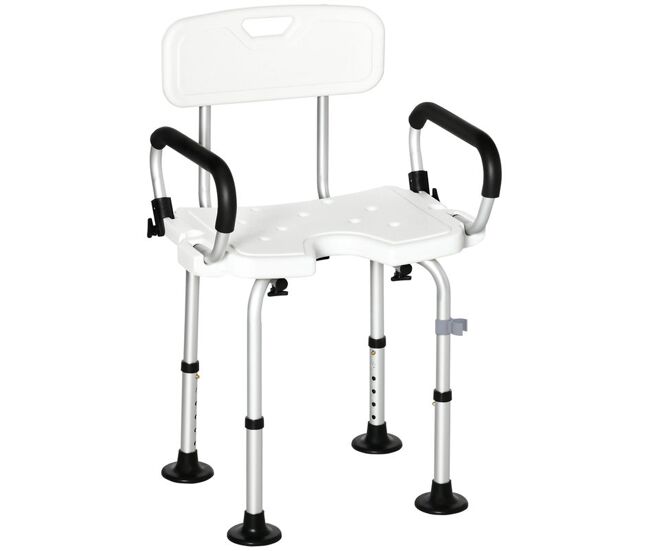 Homcom silla ducha personas mayores silla para ducha taburete de ducha antideslizante con respaldo altura ajustable asiento en u y apoyabrazos abatible carga 136 kg