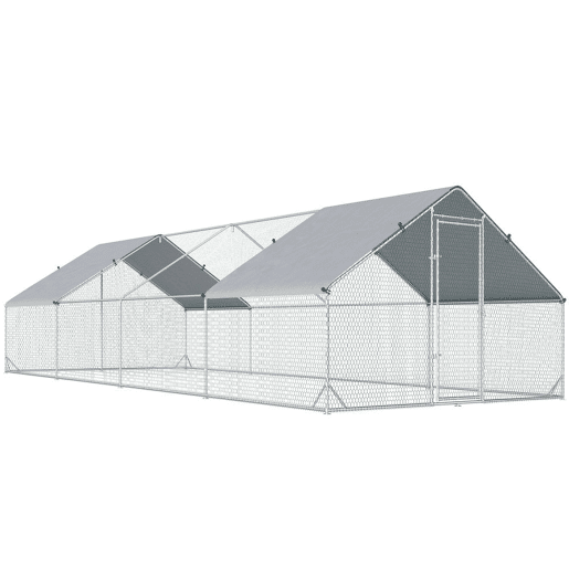 PawHut Galinheiro Exterior Grande 24 m² Gaiola para 16-24 Galinhas 3x8x2 m Galinheiro de Aço Galvanizado com Cobertura de PE e Porta com Fecho para Patos e Coelhos Prateado