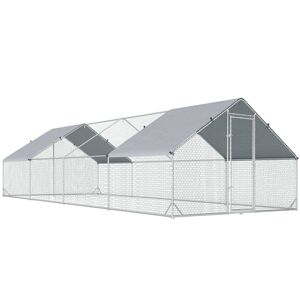 PawHut Galinheiro Exterior Grande 24 m² Gaiola para 16-24 Galinhas 3x8x2 m Galinheiro de Aço Galvanizado com Cobertura de PE e Porta com Fecho para Patos e Coelhos Prateado