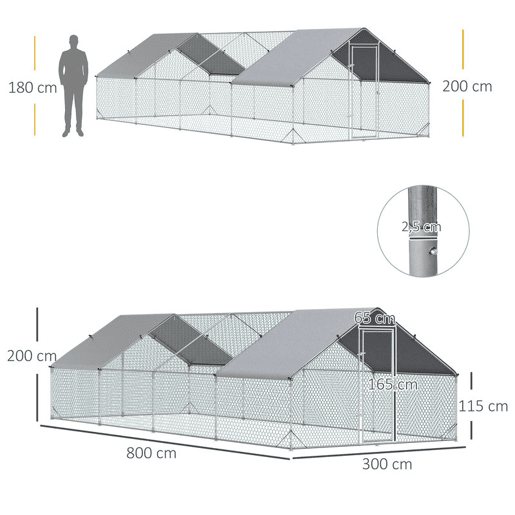 PawHut Galinheiro Exterior Grande 24 m² Gaiola para 16-24 Galinhas 3x8x2 m Galinheiro de Aço Galvanizado com Cobertura de PE e Porta com Fecho para Patos e Coelhos Prateado
