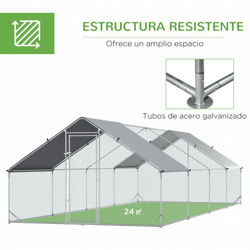 PawHut Galinheiro Exterior Grande 24 m² Gaiola para 16-24 Galinhas 3x8x2 m Galinheiro de Aço Galvanizado com Cobertura de PE e Porta com Fecho para Patos e Coelhos Prateado