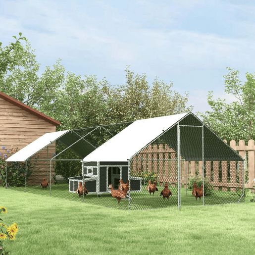 PawHut Galinheiro Exterior Grande 24 m² Gaiola para 16-24 Galinhas 3x8x2 m Galinheiro de Aço Galvanizado com Cobertura de PE e Porta com Fecho para Patos e Coelhos Prateado