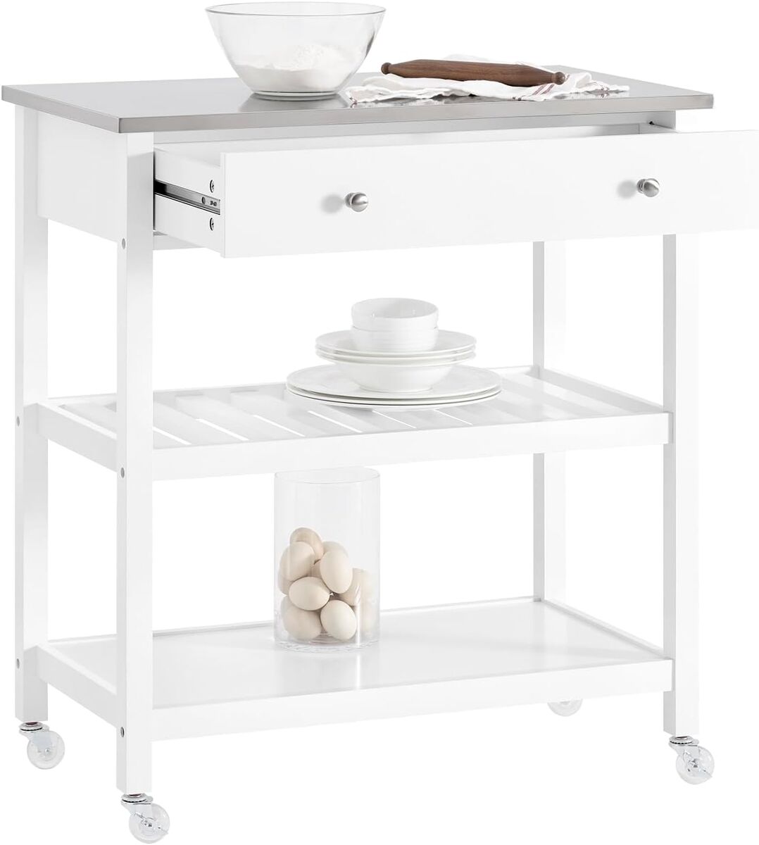 Sobuy carrito de cocina con ruedas isla central encimera acero inoxidable cajones estantes abiertos 81x45x90cm blanco fkw47-ii-w