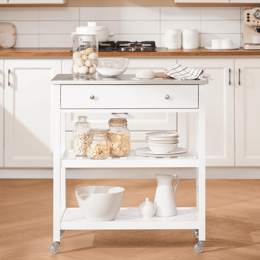 SoBuy Carrinho de Cozinha com Rodas Ilha Central Tampo Aço Inoxidável Branco 81x45x90cm FKW47-II-W