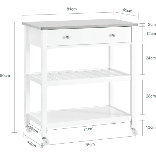 SoBuy Carrinho de Cozinha com Rodas Ilha Central Tampo Aço Inoxidável Branco 81x45x90cm FKW47-II-W