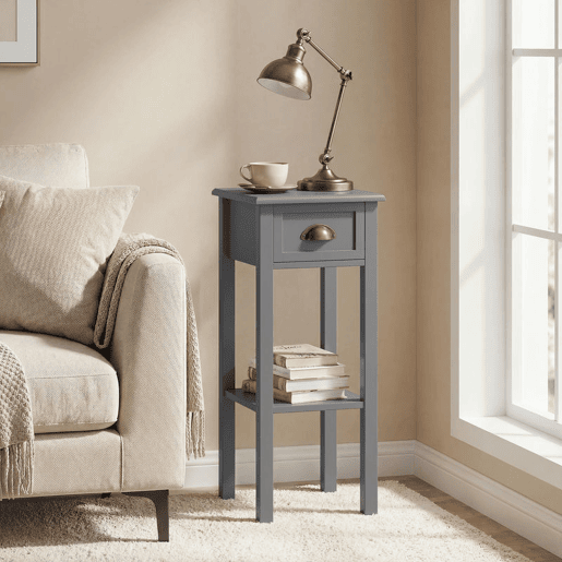 HOMCOM Mesa Auxiliar Moderna, Mesa para Sofá com Gaveta e Prateleira, Mesa de Cabeceira para Sala, Quarto, 30x30x75 cm, Cinzento