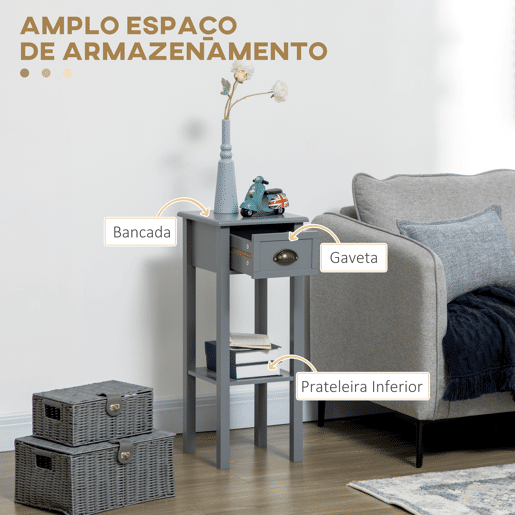 HOMCOM Mesa Auxiliar Moderna, Mesa para Sofá com Gaveta e Prateleira, Mesa de Cabeceira para Sala, Quarto, 30x30x75 cm, Cinzento