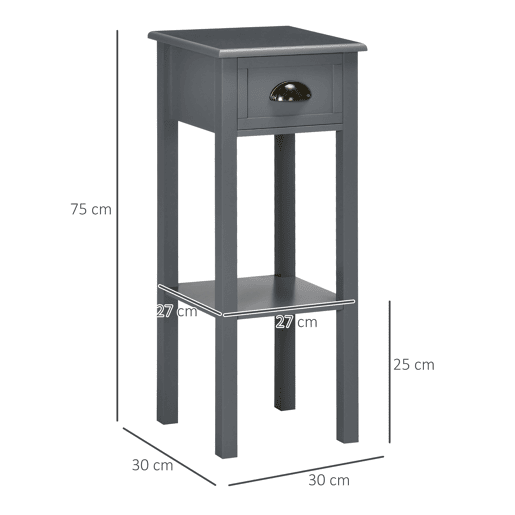 HOMCOM Mesa Auxiliar Moderna, Mesa para Sofá com Gaveta e Prateleira, Mesa de Cabeceira para Sala, Quarto, 30x30x75 cm, Cinzento