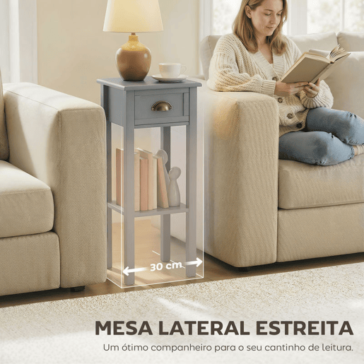 HOMCOM Mesa Auxiliar Moderna, Mesa para Sofá com Gaveta e Prateleira, Mesa de Cabeceira para Sala, Quarto, 30x30x75 cm, Cinzento