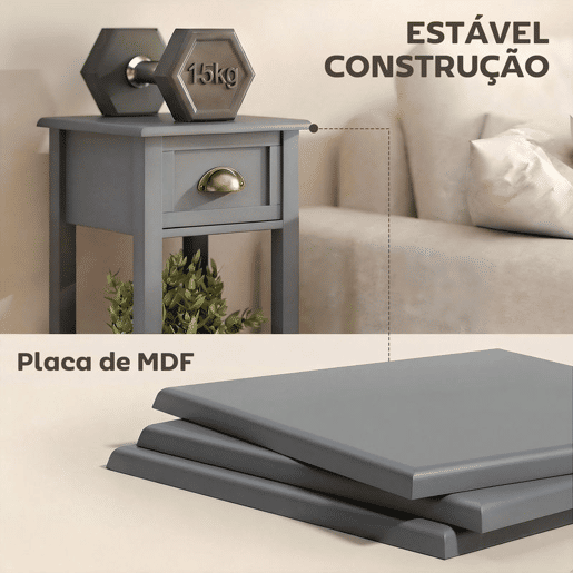 HOMCOM Mesa Auxiliar Moderna, Mesa para Sofá com Gaveta e Prateleira, Mesa de Cabeceira para Sala, Quarto, 30x30x75 cm, Cinzento