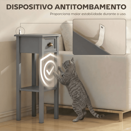 HOMCOM Mesa Auxiliar Moderna, Mesa para Sofá com Gaveta e Prateleira, Mesa de Cabeceira para Sala, Quarto, 30x30x75 cm, Cinzento
