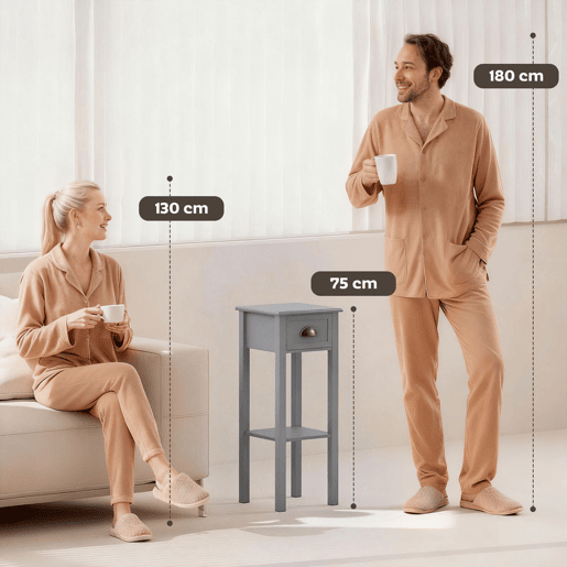 HOMCOM Mesa Auxiliar Moderna, Mesa para Sofá com Gaveta e Prateleira, Mesa de Cabeceira para Sala, Quarto, 30x30x75 cm, Cinzento