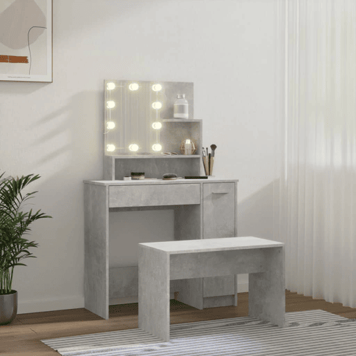 Conjunto Penteadeira - Toucador c LEDs madeira processada cinza cimento