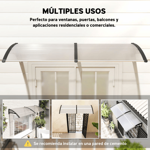 Outsunny Marquise para Portas e Janelas 195x75x23 cm Marquise com Proteção para Sol e Chuva com Painéis de Policarbonato Transparente