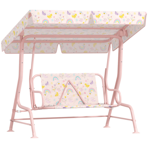 AIYAPLAY Baloiço de Jardim para Crianças acima de 3 Anos Baloiço Infantil de Exterior com 2 Lugares Toldo Ajustável Cinto de Segurança e Desenho de Borboletas 112x75x120 cm Rosa