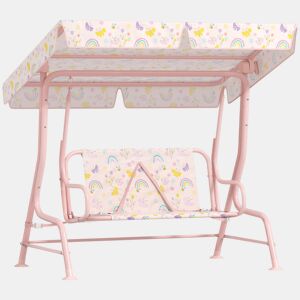 AIYAPLAY Baloiço de Jardim para Crianças acima de 3 Anos Baloiço Infantil de Exterior com 2 Lugares Toldo Ajustável Cinto de Segurança e Desenho de Borboletas 112x75x120 cm Rosa