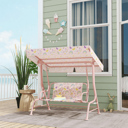 AIYAPLAY Baloiço de Jardim para Crianças acima de 3 Anos Baloiço Infantil de Exterior com 2 Lugares Toldo Ajustável Cinto de Segurança e Desenho de Borboletas 112x75x120 cm Rosa