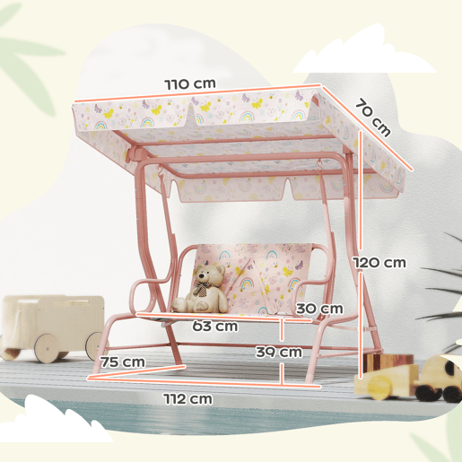 AIYAPLAY Baloiço de Jardim para Crianças acima de 3 Anos Baloiço Infantil de Exterior com 2 Lugares Toldo Ajustável Cinto de Segurança e Desenho de Borboletas 112x75x120 cm Rosa