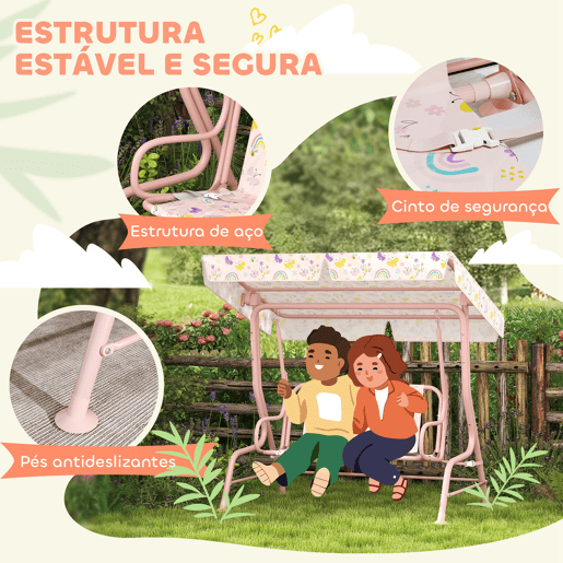 AIYAPLAY Baloiço de Jardim para Crianças acima de 3 Anos Baloiço Infantil de Exterior com 2 Lugares Toldo Ajustável Cinto de Segurança e Desenho de Borboletas 112x75x120 cm Rosa