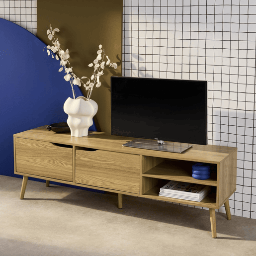 Móvel de TV estilo madeira nogueira de 2 portas, 160cm, Nepal, Efeito freixo, 160x40x50 cm
