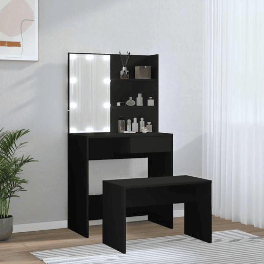 Conjunto de Penteadeira - Toucador com luzes LED derivados de madeira preto