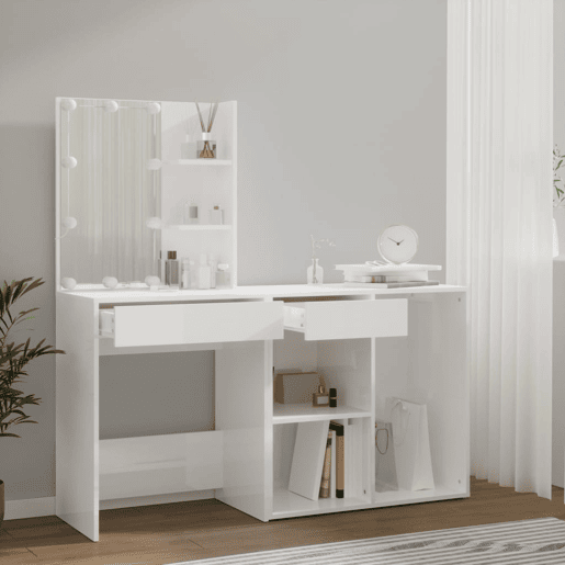 Penteadeira - Toucador com armário e luzes LED derivados de madeira branco