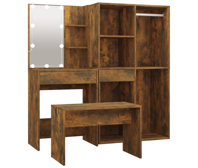 Juego de tocador - tocador de maquillaje - mesa de tocador con led madera contrachapada roble ahumado