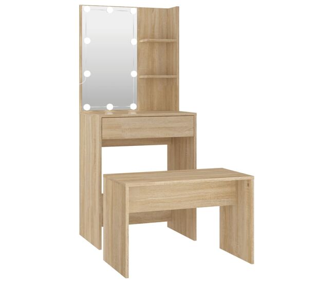 Juego de tocador - tocador de maquillaje - mesa de tocador con led madera contrachapada roble sonoma