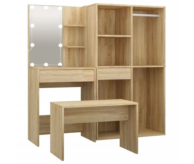 Juego de tocador - tocador de maquillaje - mesa de tocador con led madera contrachapada roble sonoma