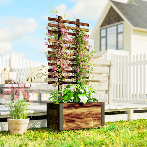 Outsunny Floreira Exterior de Madeira Floreira com Treliça para Plantas Trepadeiras Tecido não Tecido Rodas e Cantos Metálicos de Dupla Camada para Pátio Varanda 65x31x147 cm Madeira
