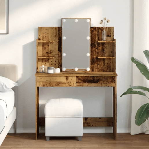 Penteadeira - Toucador com luzes LED 96x40x142 cm cor madeira velha